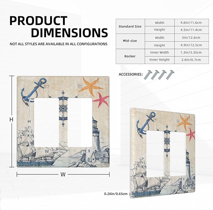 Nautical Sailboat Beach Anchor Pirate Beacon Ocean 2 Gang Rocker Decora Light Switch Covers Decorative Outlet Covers Wall Plate Electrical Faceplate Switchplate GFCI for Farmhouse Bedroom Decor