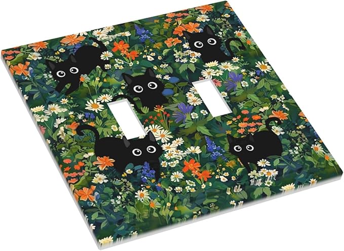 Green Funny Boho Cute Black Pets Cats Paw Double Toggle Wall Plate Cartoon Spring Garden Nursery Kid Girl Boy Kittens Decorative 2-Gang Light Switch Cover Electrical Receptacle Outlet Face Plate Cover