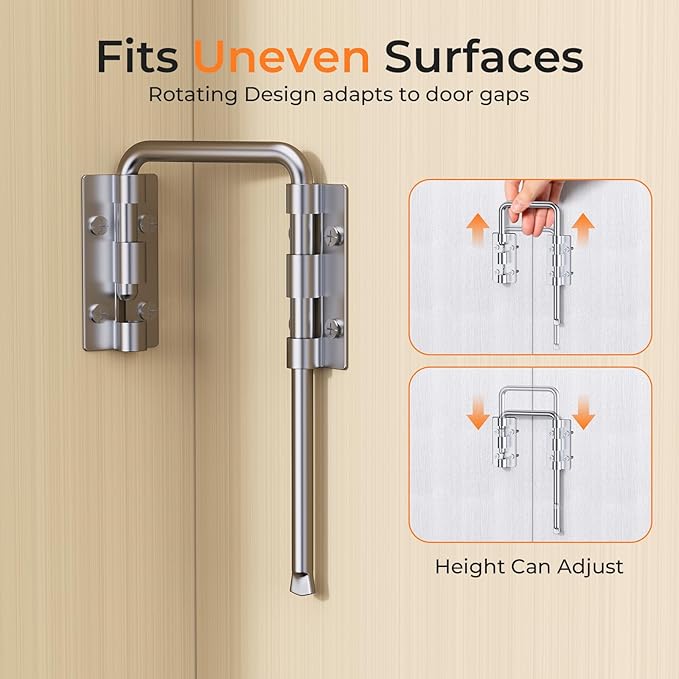 Patio Sliding Door Loop Lock, U-Shaped Rotating Latch, 90° / 180° Adjustable Door Lock for Uneven Surfaces, Child & Pet Safety Lock for Sliding Doors, Windows & Gates, (Sliver, 2 Pack)