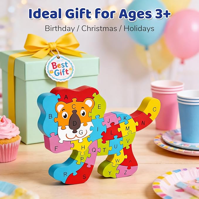 LovesTown Wooden Puzzles for Kids, Double Sided Lion Jigsaw with Alphabet & Numbers, Montessori Educational Toy for Toddlers, Chunky Animal Gift