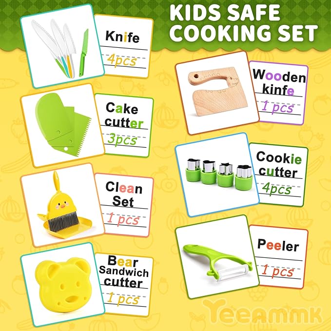 Kids Kitchen Tools,18 Pieces Toddler Cooking Sets Real-Montessori Cooking Set for Toddlers Kids Chef Set with Children Safe Knives Cutting