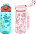 Kids Water Bottle for School or Travel, 20 Oz 2 Pack Durable Plastic Water Bottle with Silicone Straw and Pop-Up Spout Cover, BPA Free & Dishwasher Safe(Unicorn & Dinosaur)