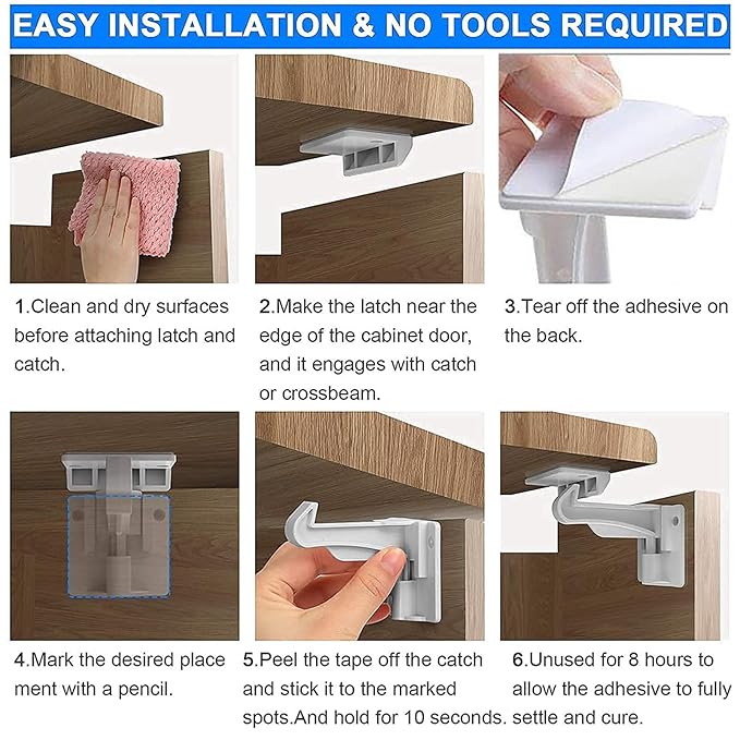 16 Pack Upgraded Invisible Baby Proofing Cabinet Latch Locks - No Drilling or Tools Required, Children Proof Cupboard Drawers Latches, Works with Most Cabinets and Drawers - Adhesive Easy Installation