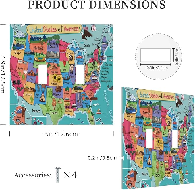 Kids Map of The United States 2 Gang Double Toggle Light Switch Cover Decorative Cartoon Fun Facts Geography USA Map Wall Plate Faceplate Turquoise Red Kids Boys Girls Bathroom Home Living Room Decor