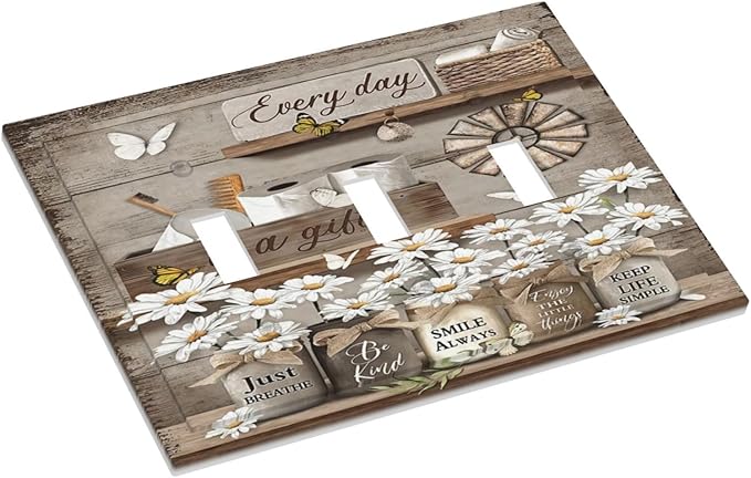 Rustic Daisy Flower Butterfly Inspirational Cottage Decorative Switch Plates 3 Gang Wall Plate Triple Toggle Light Switch Cover Faceplate Electrical Wall Panels for Farmhouse Bedroom Decor