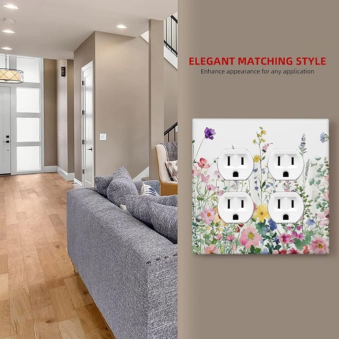 Outlet Covers Boho Colorful Flowers Plant Rustic Wildflower 2 Gang Double Duplex Decorative Light Switch Covers Electrical Wallplates Socket Faceplate for Bed Room Bathroom Decor