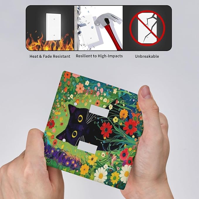 Decorative Art Light Switch Covers Cute Cat & Floral 2 Gang Double Toggle Wall Plate Decorative Switchcover Electrical Switchplate for Home Decor