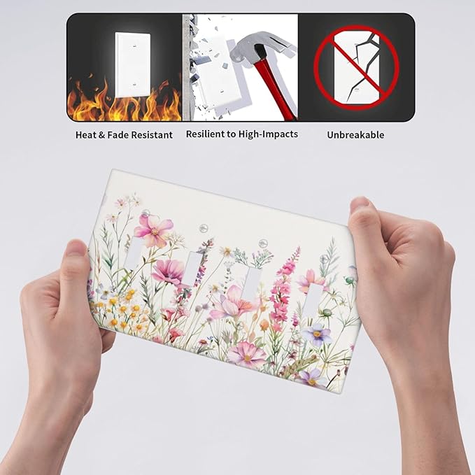 Pink Floral Wild Flowers Watercolor Plants Light Switch Covers Quad Toggle Electrical Faceplate 4 Gang Wall Plate Decorative Switch Plates Cover for Bedroom Living Room Decor