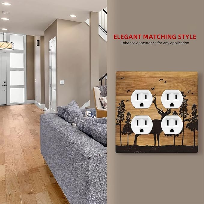 Elk Moose Forest Hunting Pyrography Art Wood Texture Print Outlet Covers 2 Gang Double Duplex Decorative Light Switch Covers Electrical Wallplates Socket Faceplate for Farmhouse Bedroom Decor