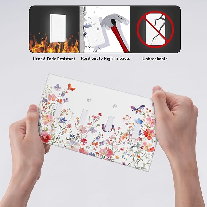 Colorful Flower Watercolor Floral Butterfly Bird Light Switch Covers Quad Toggle Electrical Faceplate 4 Gang Wall Plate Decorative Switch Plates Cover for Bedroom Living Room Decor