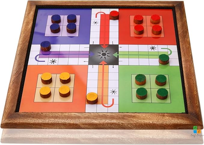 10 Inch Wooden 2-in-1 Ludo & Snakes Board Game, Reversible Travel Set with Storage Bag & Organizer Box (All-in-One Storage)