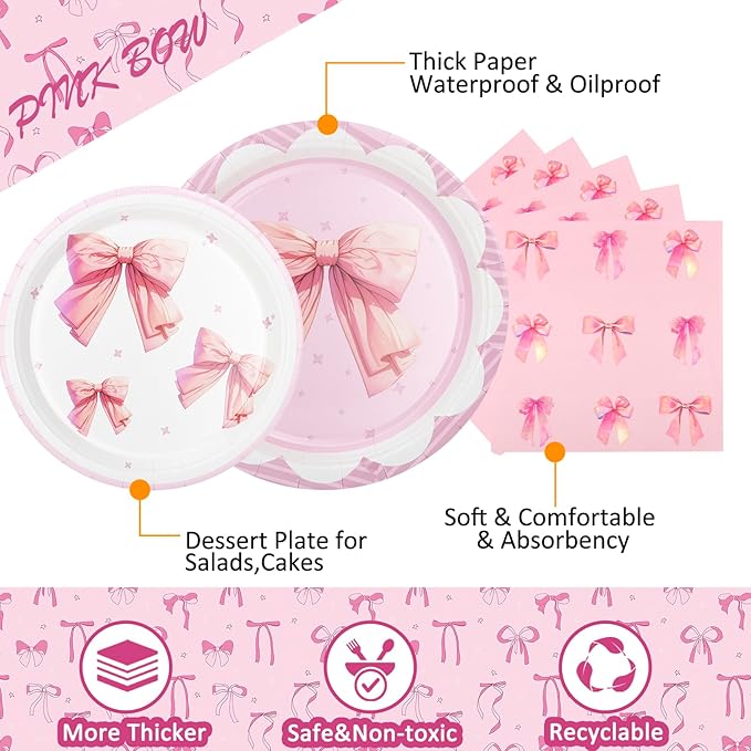 Pink Bow Party Plates and Napkins Supplies - 25 Disposable Plates, 25 Dessert Plates, 25 Napkins, 25 Forks & 1 Tablecloth for Birthday, Baby Shower, Bridal Shower