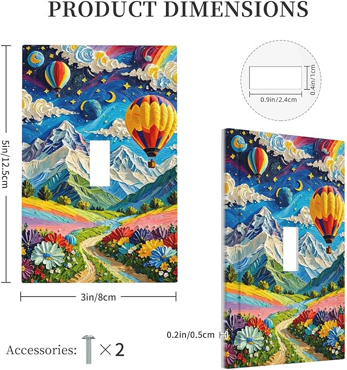 Hot Air Balloons Floral Vibrant Colors Flowers Mountains Stars Moon Decorative Light Switch Cover 1 Gang Single Toggle Device Electrical Faceplate Switchplates Decorator Outlet Wall Plate for Bedroom