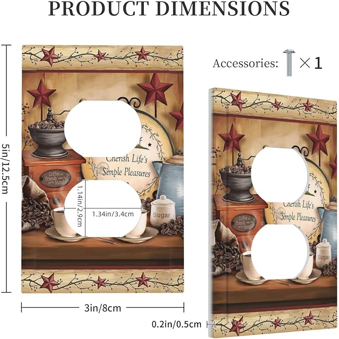 Retro Kitchen Coffee Beans Cafe Cup Theme 1 Gang Duplex Wall Plate Receptacle Outlet Covers Country Life Texas Star Bar Clock Decorative Electrical Dual Device Light Switch Plug Socket Faceplate Cover