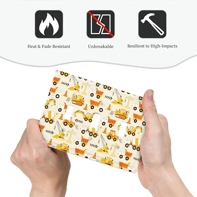 Decorative Light Switch Cover Plate Construction Vehicle Yellow Trucks Diggers 3 Gang Wall Plates for Electrical Triple Toggle Switch Plate Covers Outlet Covers Faceplate for Home Decor