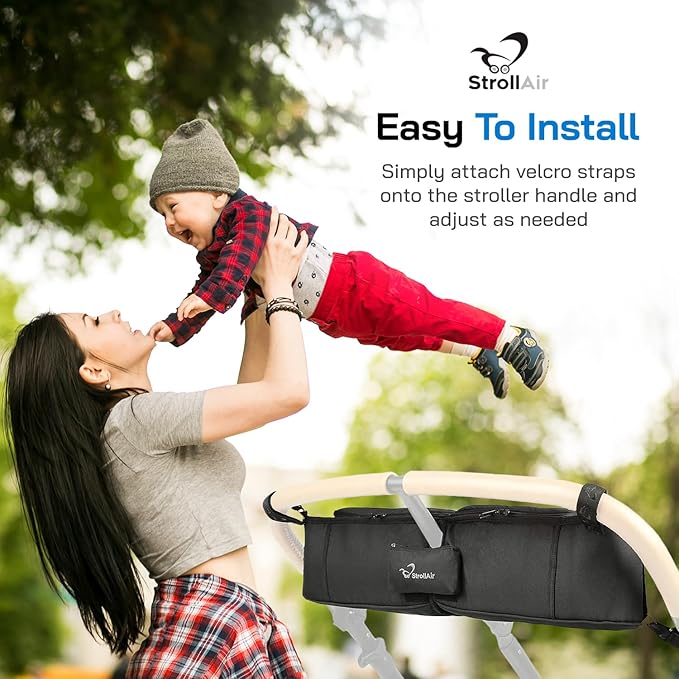 StrollAir - Universal Best Double Parent Stroller Organizer Caddy Insulated Cup Holder Console side-by-side Mountain Buggy TWIN WAY Bob Duallie Baby Jogger City Mini GT – Black