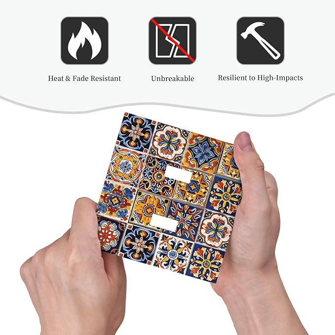 Mexican Talavera Tiles Flower Vintage Decorative Switch Plates 2 Gang Double Toggle Outlet Light Switch Cover Wall Plate Electrical Faceplate for Kitchen Bathroom Decor
