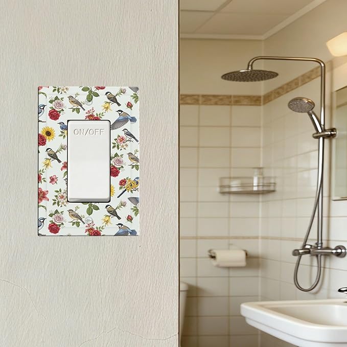 Vintage Birds & Blooms Single Rocker Switch Cover - 1-Gang Standard US Size English Countryside Chintz Light Switch Covers, Botanical Floral & Songbird for Bedroom Decor