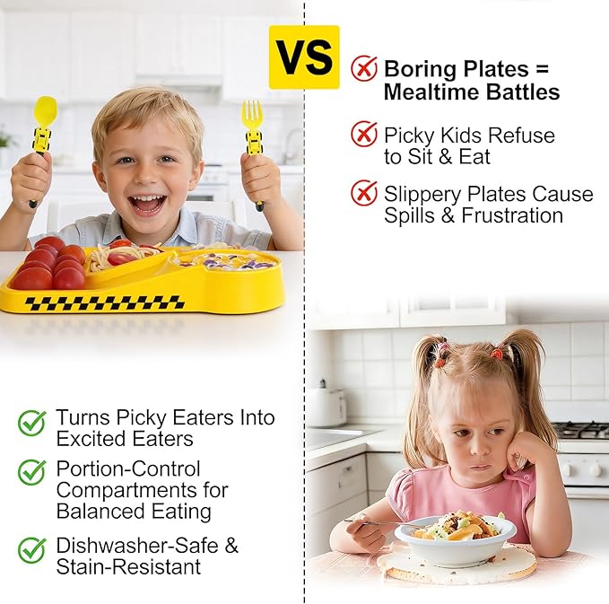 Deinyi Construction Toddler Plates - Construction Utensils for Toddlers - Easter and Birthday Gift Toddler Utensils for 1 2 3 4 5 6 7 year - Yellow