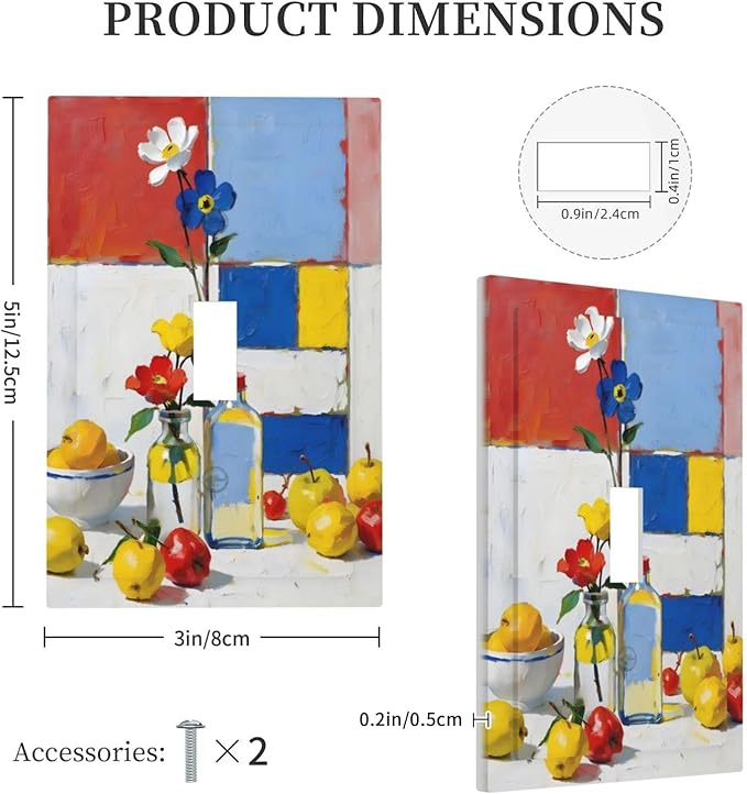 Color Block Floral Still Life Art Red Yellow Blue Abstract Decorative Light Switch Cover 1 Gang Single Toggle Device Electrical Faceplate Switchplates Decorator Outlet Wall Plate for Farmhouse Bedroom