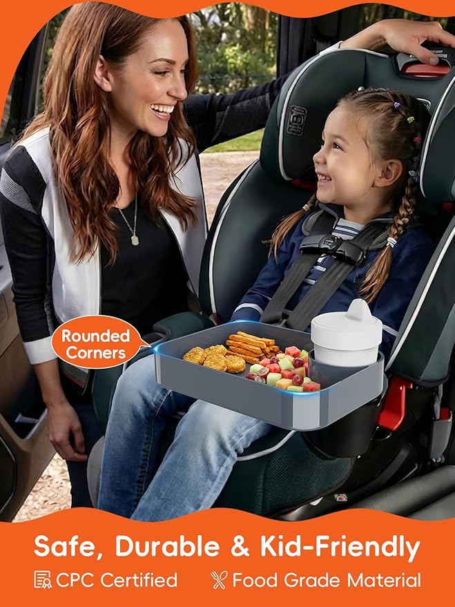 Car Seat Cup Holder Snack Tray for Kids, Reduces Mess, Detachable Large Base & Adjustable Ring, Carseat Tray for Toddler, Car Seat Food Tray Table for Kids Travel Road Trip Essentials-Dark Gray