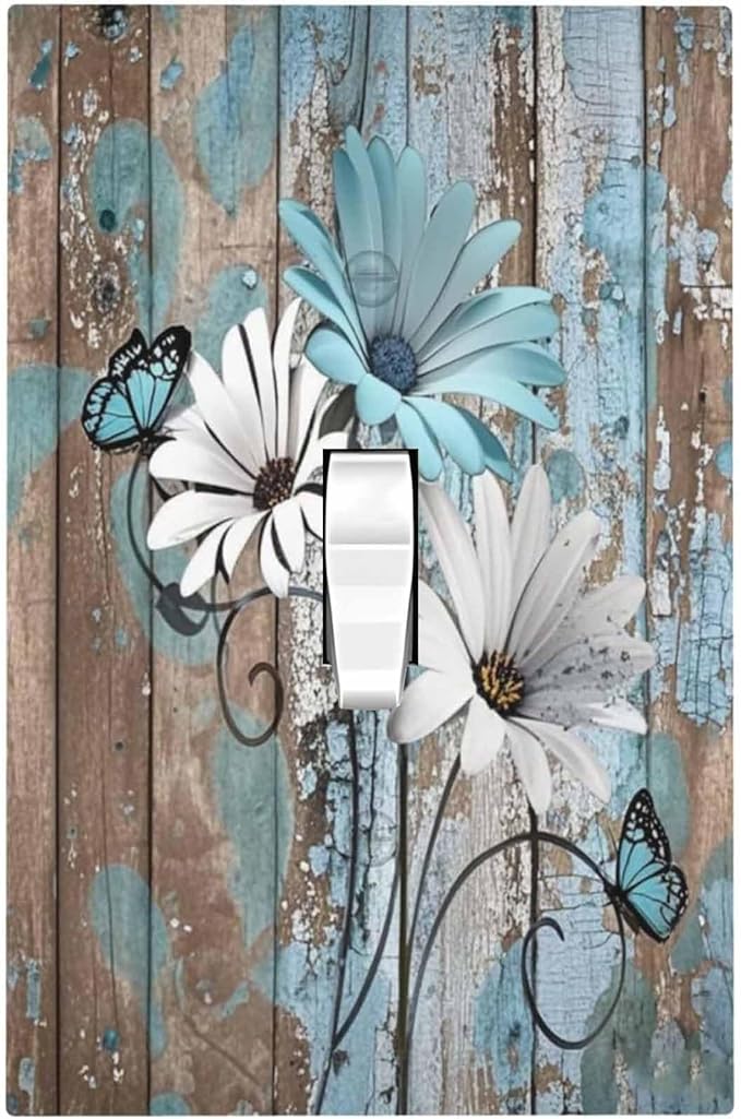 Decorative Light Switch Cover Rustic Flower Teal Turquoise Daisy Butterfly 1 Gang Single Toggle Device Electrical Faceplate Switchplates Decorator Outlet Wall Plate For Farmhouse Cabin