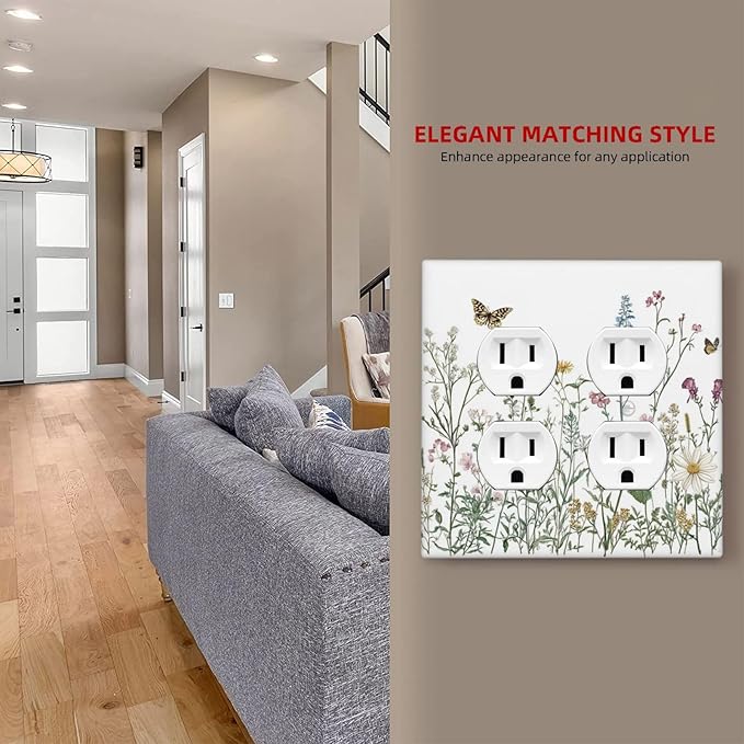 Outlet Covers Rustic Wildflowers Butterfly Colorful Floral 2 Gang Double Duplex Decorative Light Switch Covers Electrical Wallplates Socket Faceplate For Bed Room Living Room Decor