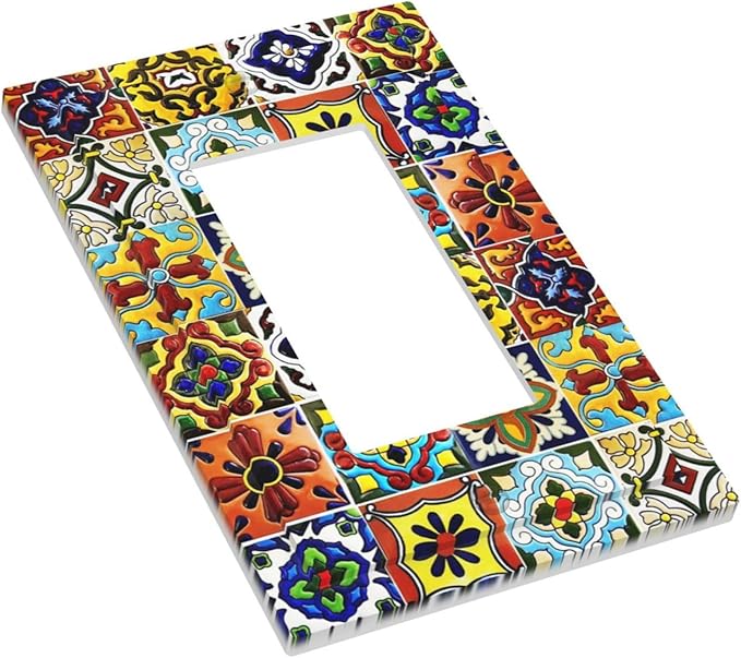 Retro Matte Mosaic Moroccan Mexican Mandala Boho Talavera Style Ceramic Tile 1 Gang Single Decorator/GFCI Device Outlet Wall Plate Electrical One Rocker Decorative Light Switch Cover Faceplate Dimmer