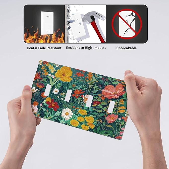 Decorative Switch Plate Cover with Wildflowers & Stars Botanical Floral Art Design 4 Gang Artistic Wall Plate Unique Quad Toggle Light Switch Covers for Garden Theme Wall Decor