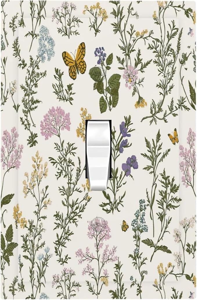 Decorative Light Switch Cover Vintage Colorful Flowers Butterfly Floral 1 Gang Single Toggle Device Electrical Faceplate Switchplates Decorator Outlet Wall Plate For Bed Room Living Room
