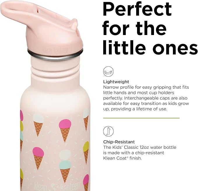 Klean Kanteen 12 oz Classic Kid's Water Bottle with Flip Seal Sport Cap & Straw - 100% Leakproof Cap - Durable Stainless Steel Material - Lightweight & Easy-Grip - BPA-Free - Ice Cream