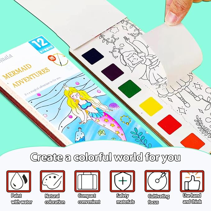 JUNQIU 5Pack Water Color Paint Sets for Kids, Paint With Water Books for Kids Ages 4-8, Pocket Watercolor Painting Book, Arts and Crafts Kit Easter Basket Stuffers For Girls Boys