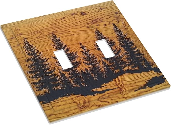 Decorative Switch Plates Forest Pine Silhouette Rustic Wood Grain 2 Gang Double Toggle Outlet Light Switch Cover Wall Plate Electrical Faceplate For Farmhouse Cabin Decor