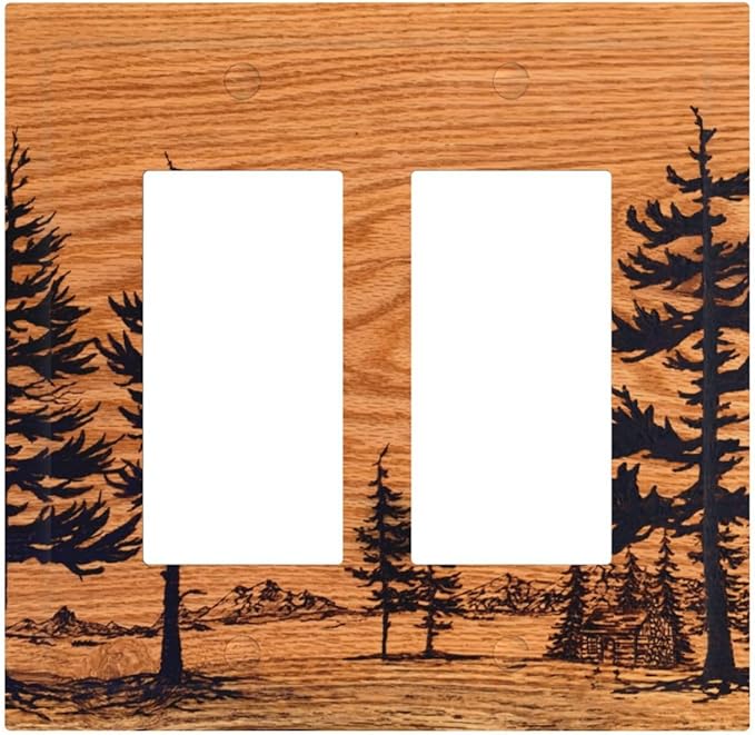 Pine Forest Natural Scenery Silhouette Wood Grain Decorative Outlet Covers 2 Gang Double GFCI Rocker Electrical Wall Panels Light Switch Cover Plate for Farmhouse Home Decor