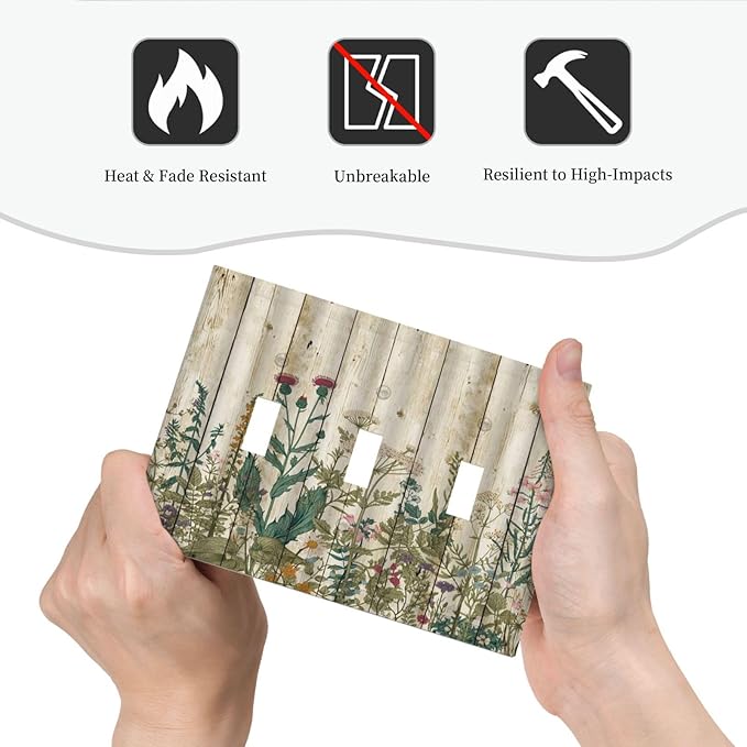 Vintage Wild Flowers Botanical Green Leaves Plants 3 Gang Light Switch Covers Decorative Rustic Wood Plank Triple Toggle Wall Plate Electrical Faceplate Switchplate for Farmhouse Bedroom Decor