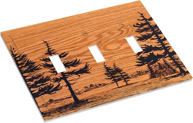Pine Forest Natural Scenery Silhouette Wood Grain Decorative Switch Plates 3 Gang Wall Plate Triple Toggle Light Switch Cover Faceplate Electrical Wall Panels for Farmhouse Home Decor
