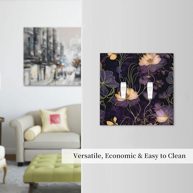 Modern Boho Vintage Gold Purple Dark Floral Modern Abstract Flowers Decorative Switch Plates 2 Gang Double Toggle Wall Plate Electrical Faceplate Outlet Light Switch Cover for Bedroom Living Room