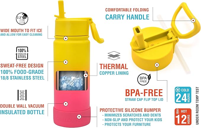 CHILLOUT LIFE 17 oz Kids Insulated Water Bottle for School with Straw Lid Leakproof and Cute Waterproof Stickers, Personalized Stainless Steel Thermos Flask Metal Water Bottle for Girls & Boys