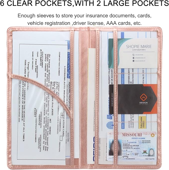 LumiMokki Premium Car Registration & Insurance Card Holder with Magnetic Shut, Vehicle Glove Box Car Organizer - For Documents, Cards, License (Rose gold)