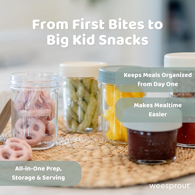 WeeSprout Baby Food Storage Glass Jars w/Lids (4 oz, 24 Pack) Matte Variety, Snack, Reusable Small Containers, Fridge or Freezer, Microwave & Dishwasher Safe, Essentials for Infants