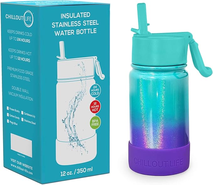 CHILLOUT LIFE 12 oz Kids Insulated Water Bottle for School with Straw Lid Leakproof and Cute Waterproof Stickers, Personalized Stainless Steel Thermos Flask Metal Water Bottle for Girls & Boys