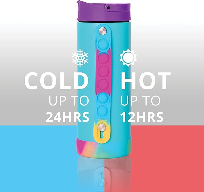 Elemental Iconic Kids Water Bottle with Straw Lid & Stress Relief Pop It Handle, Leak-Proof When Closed, Triple Insulated Kids Stainless Steel Water Bottle For Girls and Boys, 14oz - Blue Tie Dye
