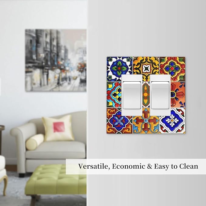 Vintage Colorful Boho Mexican Moroccan Tile Decorative Outlet Covers 2 Gang Double GFCI Rocker Electrical Wall Panels Light Switch Cover Plate for Farmhouse Home Decor