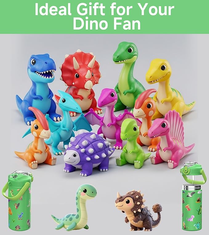 MYFOREST 14oz/400ml Insulated Kids Water Bottle, Odor-Free Surgical Grade Liner, Dishwasher-Safe, Name Spot, Soft Sipper, Gift for Dino Fan (DinoCraft: Chibi)