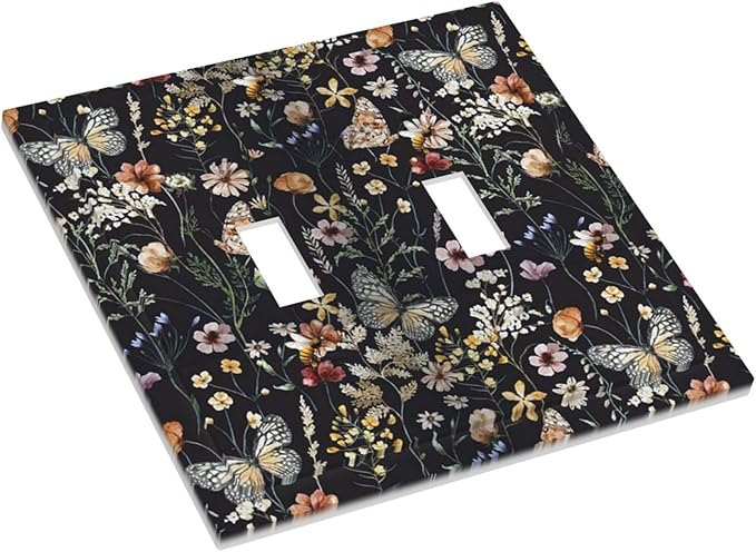 Butterfly 2 Gang Double Toggle Wall Plates Vintage Flower Leaves Light Switch Cover Decorative Dark Backgrounds Electrical Switchplate Faceplate Cute Bees Dimmer Decor for Bedroom Kitchen Bathroom