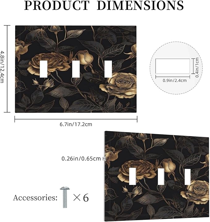 Black Floral Dark Vintage Gold Rose Flower Decorative Switch Plates 3 Gang Wall Plate Triple Toggle Light Switch Cover Faceplate Electrical Wall Panels for Bedroom Living Room Decor