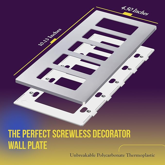 ENERLITES Elite Series Screwless Decorator Wall Plate Child Safe Outlet Cover, Gloss Finish, Size 5-Gang 4.68" H x 10.14" L, Unbreakable Polycarbonate Thermoplastic, SI8835-SV, Silver
