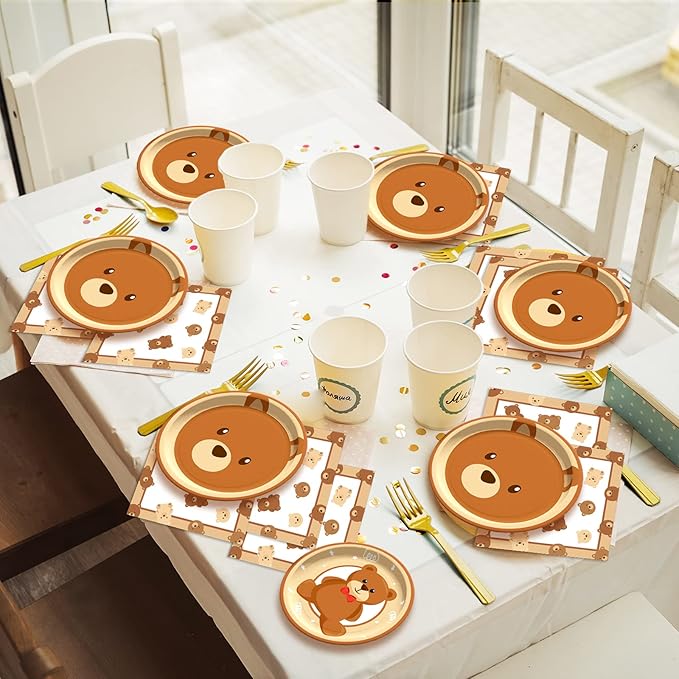 96 Pcs Bear Baby Shower Party Plates Decorations We Can Bearly Wait Baby Tableware Bear Theme Dessert Teddy Plates Napkins Supplies for Gender Reveal Boy Girl Baby Shower Birthday Party Serve 24