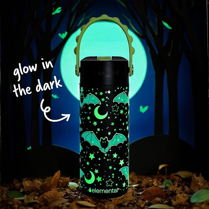 Elemental Insulated Kids Water Bottle, Stainless Steel Water Bottle with Straw Lid & Pop-It Handle, Leak-Proof Water Bottles for School, Boys or Girls, Travelling and Sports, 18oz - Glow Bats