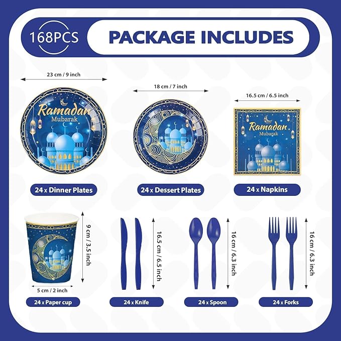 168Pcs Blue Eid Ramadan Decorations for Home Mosque Lantern Moon Plates and Napkins Cups Forks Islamic Muslim Decor Tableware Sets for Eid al-Fitr Decor al-Adha Festival Home Party Supplies Serves 24